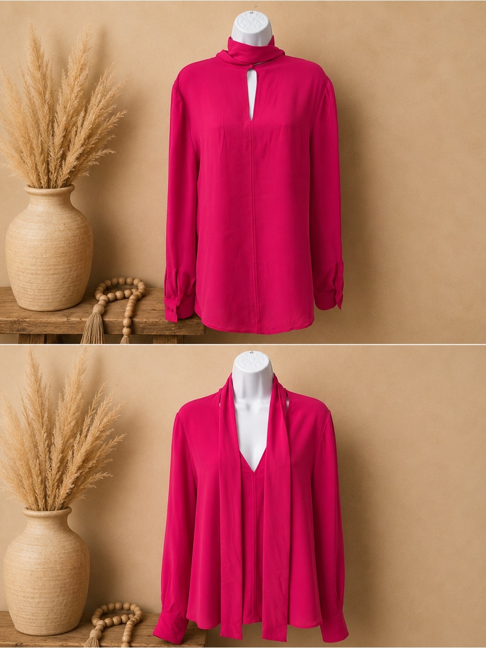 Valentino Fuchsia Convertible Tie-Neck Long-Sleeve Blouse -NEW W TAGS